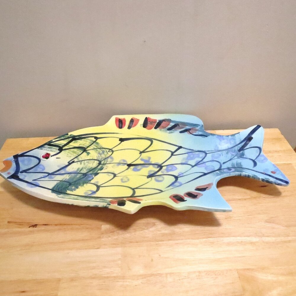 J. Rico Ceramic Fish Bowl Wall Plaque or Table Centerpiece Handmade Signed 19"